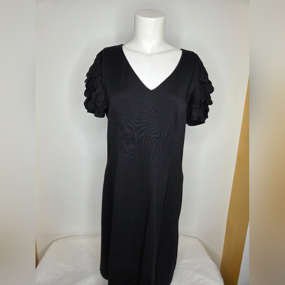 Trina Turk Size 12 Elegant Black Midi Dress with Textured Sleeves - Picture 1 of 9